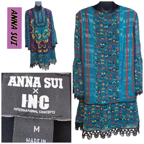ANNA SUI BOHEMIAN BELL SLEEVE DESIGNER DRESS - Picture 2 of 5